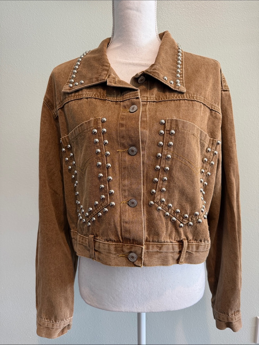 Cropped Brown Studded Denim Jacket - Women Jean Jacket ptp 22